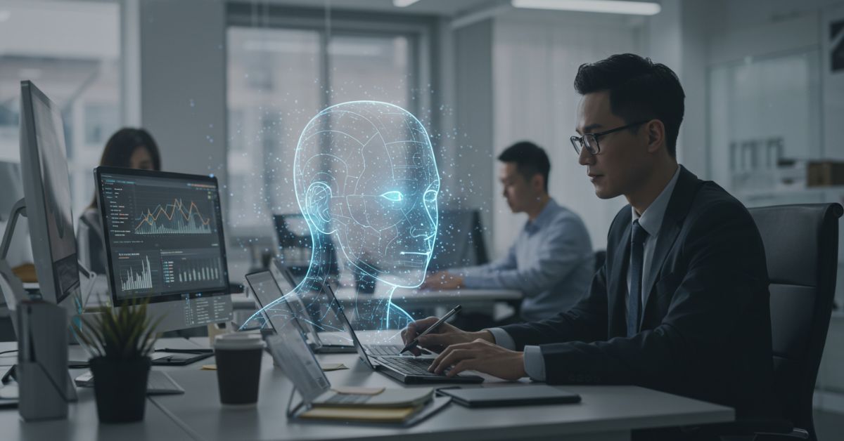 人間とAIエージェントが協力して働く未来のオフィス風景。<br>人がクリエイティブな作業をし、AIがデータ処理をサポートしている。<br>