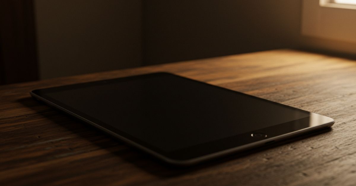 薄暗い部屋の机の上で、画面が消えたまま置かれている古いiPad Pro