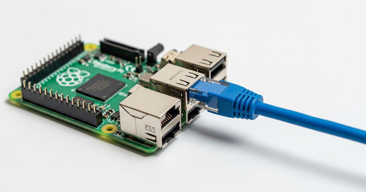 Raspberry Piボードとネットワークケーブルのイメージ