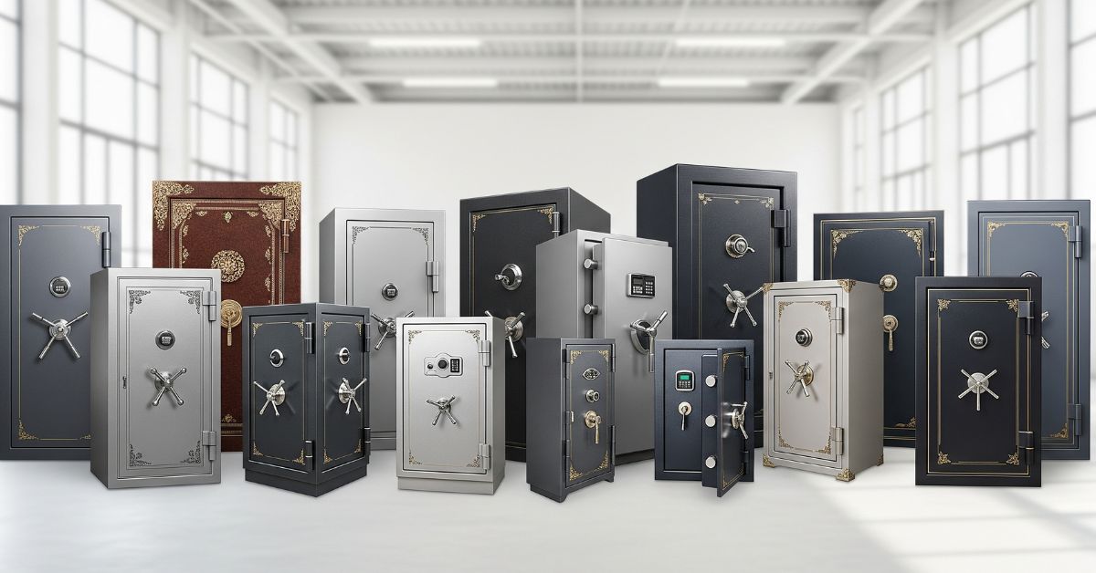 様々な種類の金庫が並んでいるイメージ