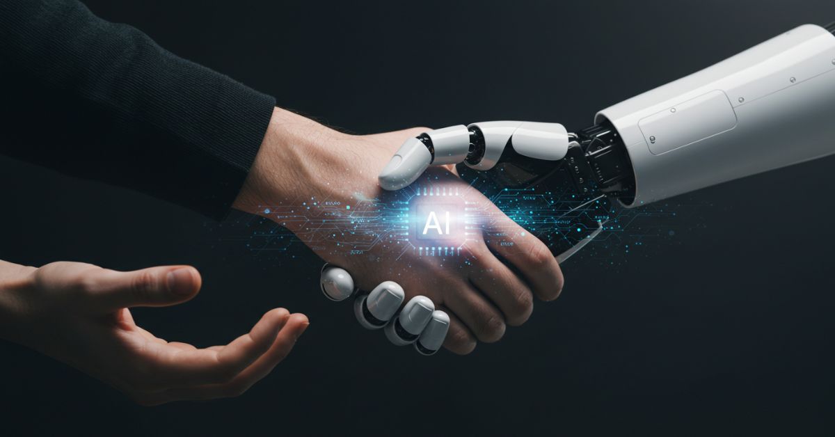 人間とAIが協力して作業しているイメージ。<br>人間の手とロボットの手が握手している。<br>