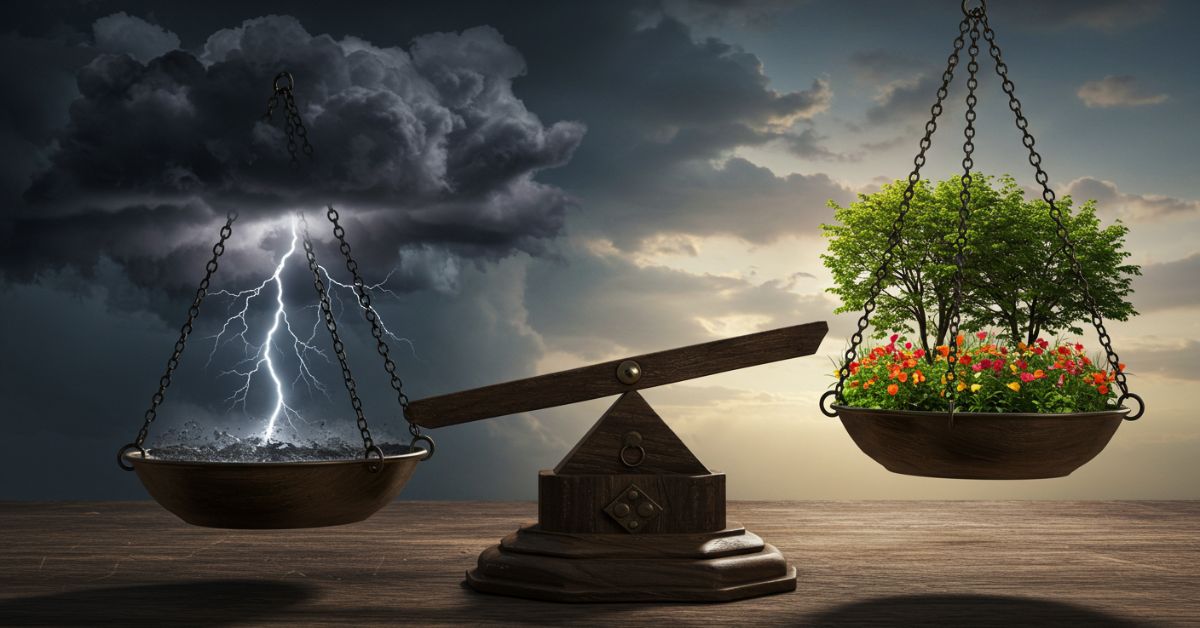 脅威とチャンスの二面性を表すイメージ。<br>天秤の片方に脅威、もう片方にチャンスが乗っている。<br>